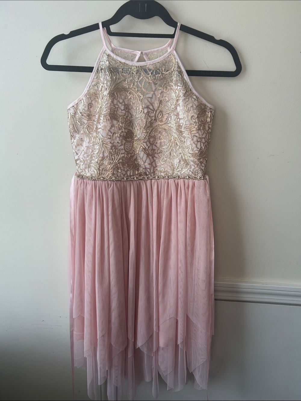 Rare Editions Pink & Gold Halter Lace Bodice Tulle Dress